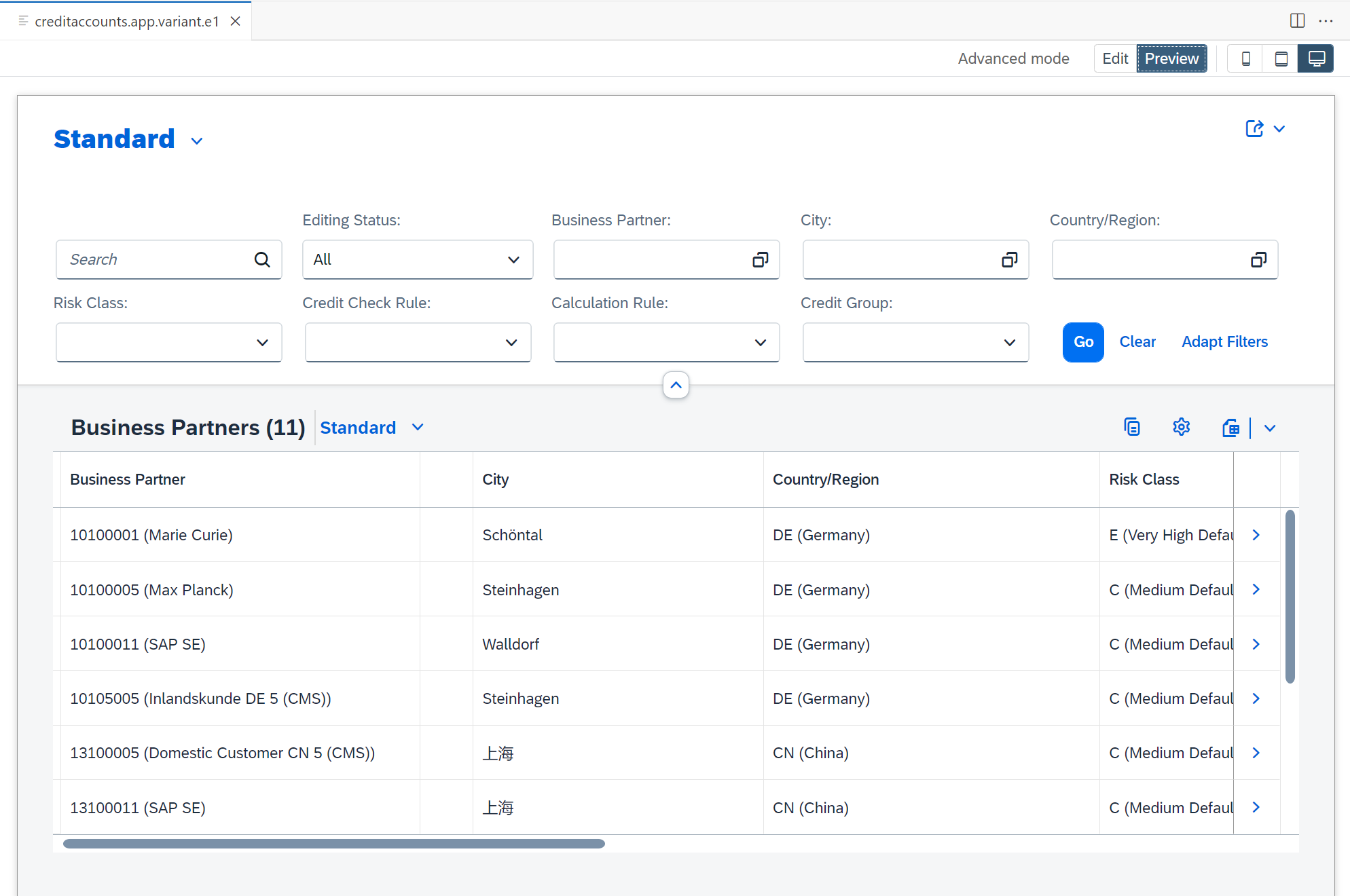 Application variant preview: List Report